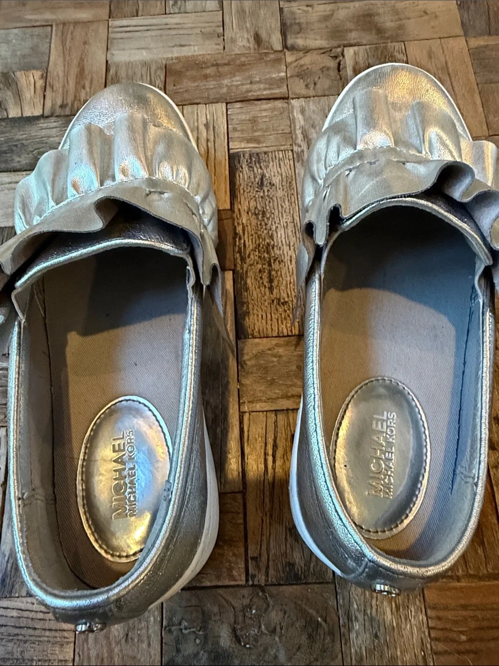 Michael Kors Bella Metallic Silver Platform Sneaker with Ruffle Detail 7 1/2